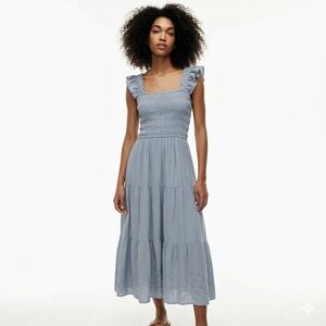 By the River Blue Smocked Tiered Dress Ruffle Straps Eyelet Detail Size Small